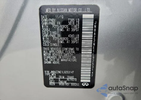 2020 Infiniti Qx80 Luxe z USA, uszkodzony, nr VIN JN8AZ2NE1L9253147